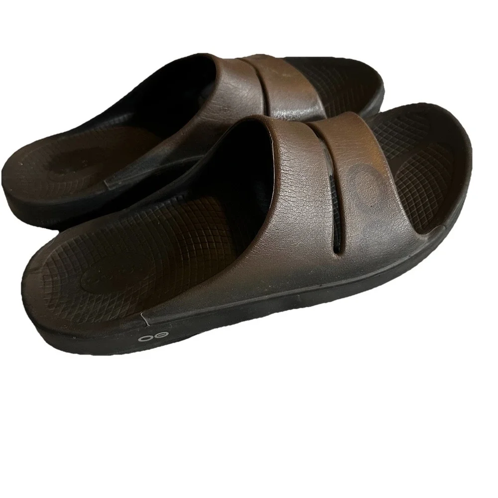 Oofos Slide Sandal OOahh Sport Flex Unisex Sz M13/W15US Black/brown Foam Slip On